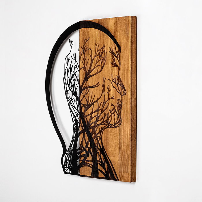 Wallity Tree Man - Escultura de pared de madera y metal en nogal y negro